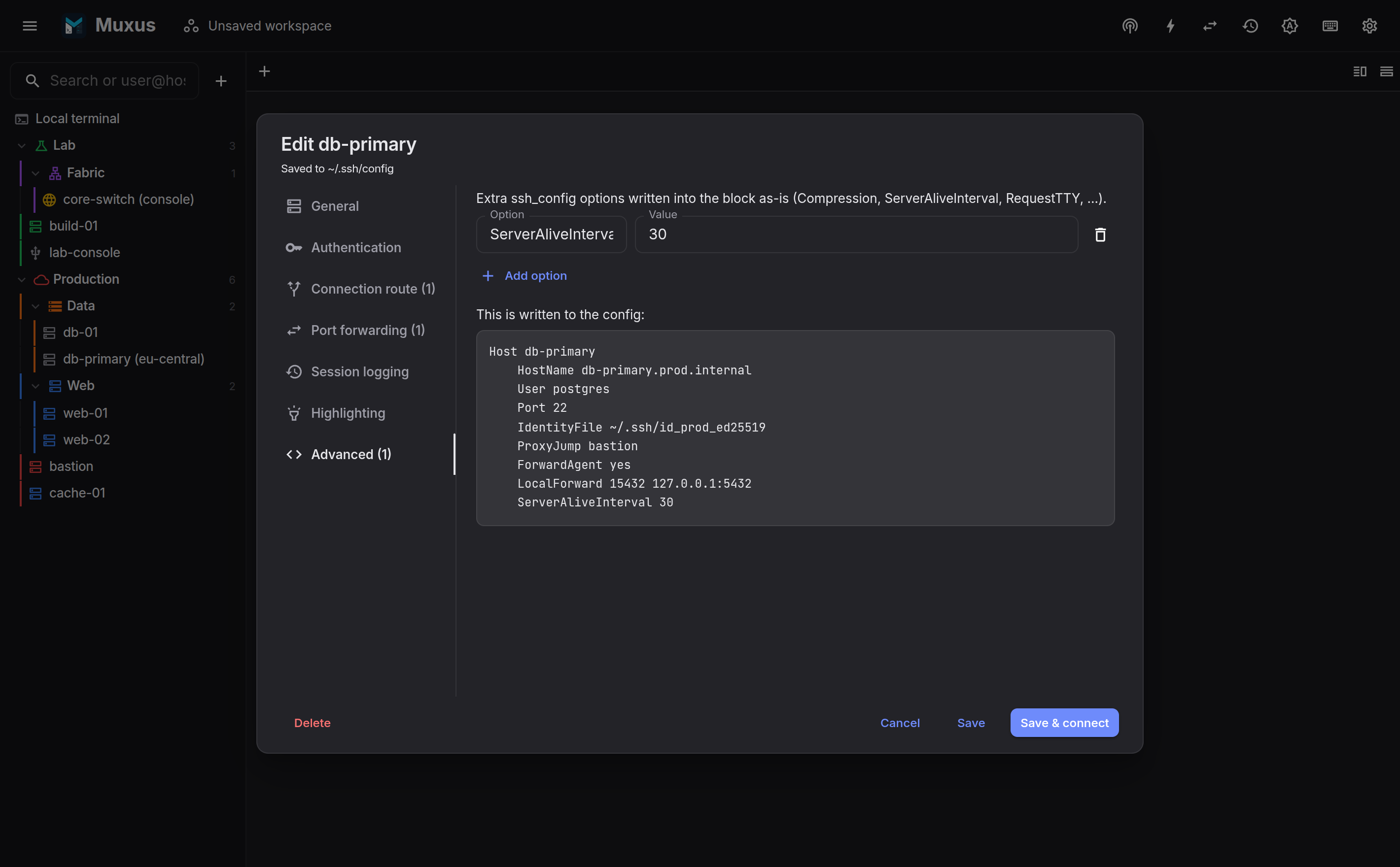 The exact ssh_config block preview