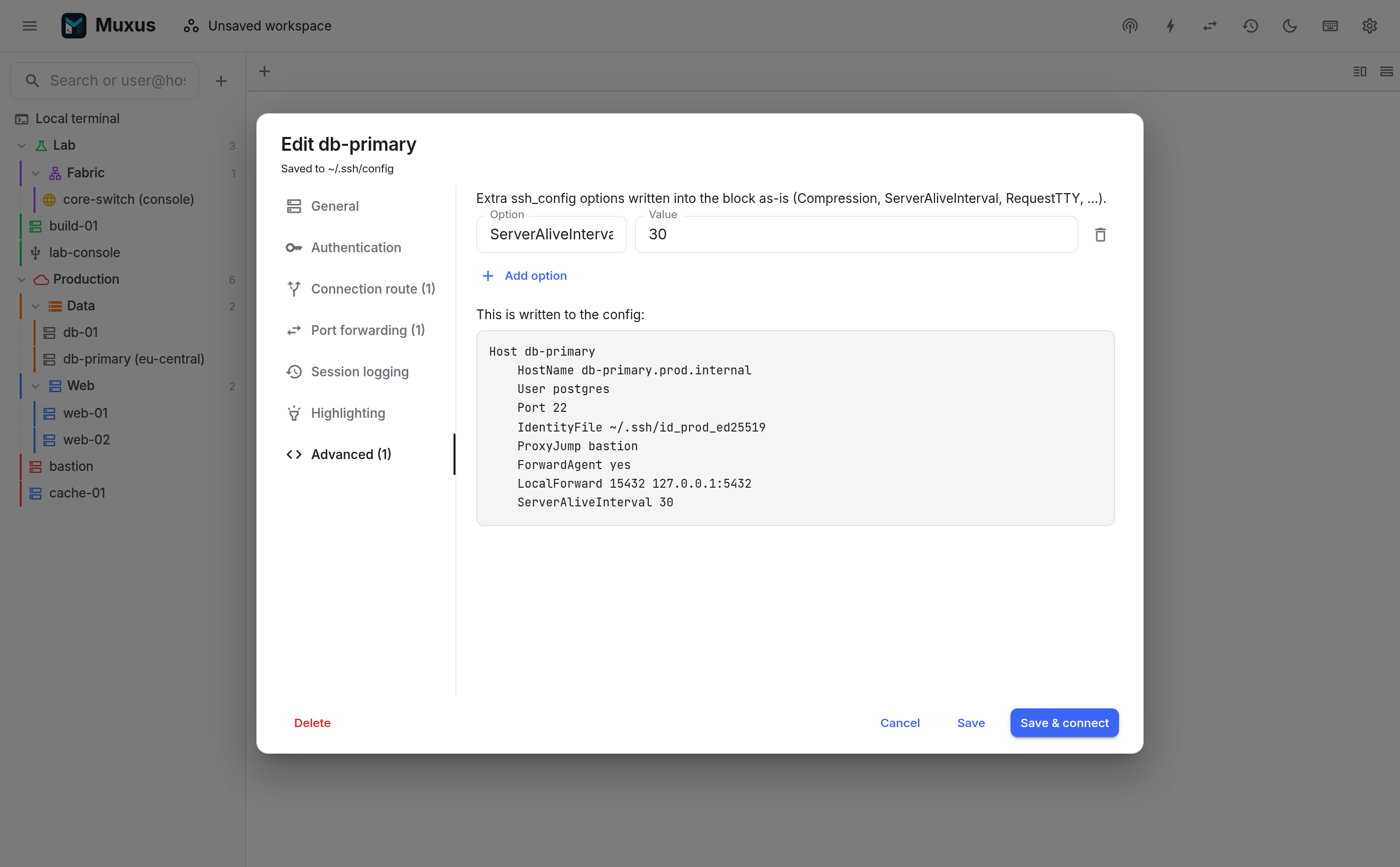 The exact ssh_config block preview