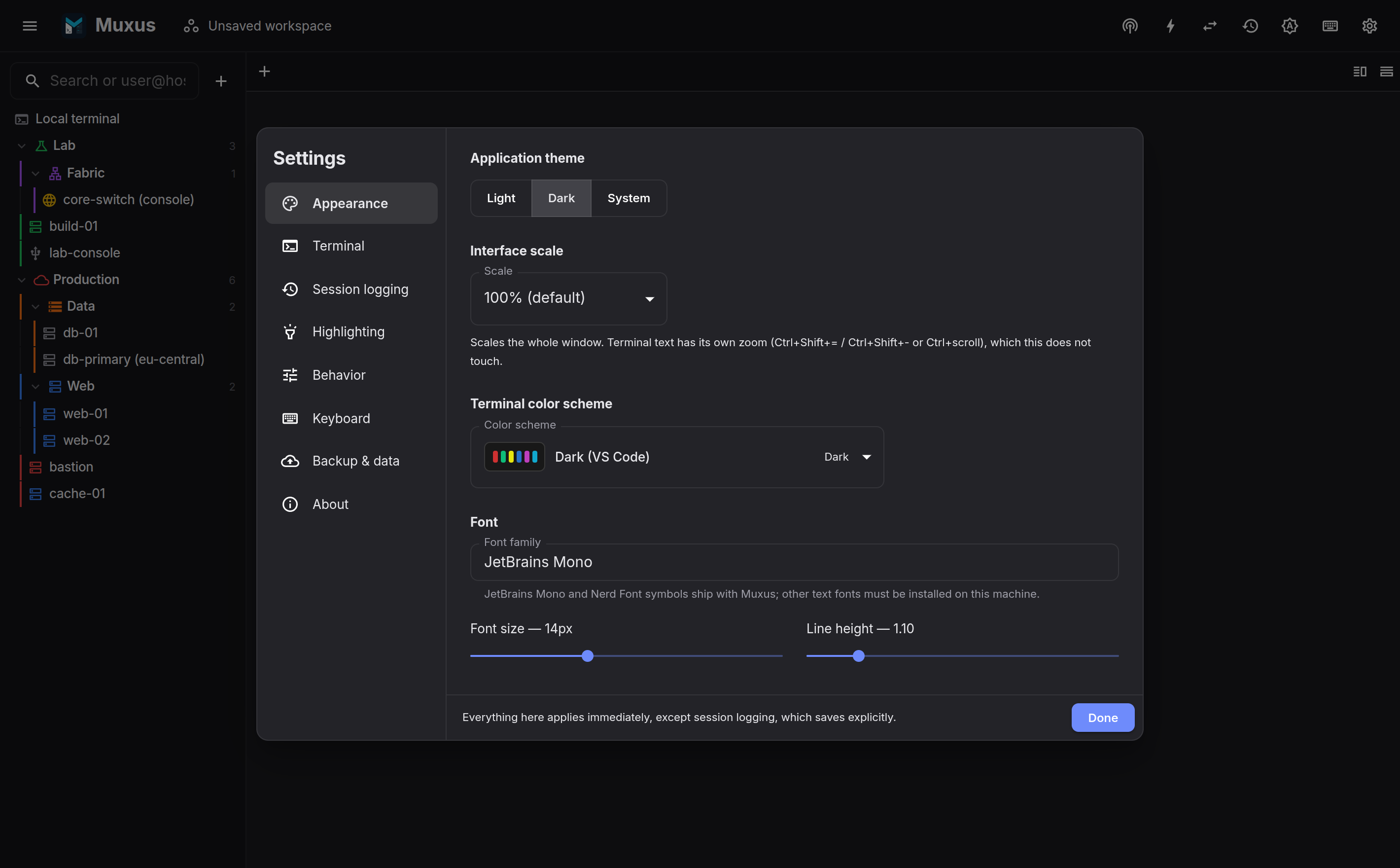 The settings dialog
