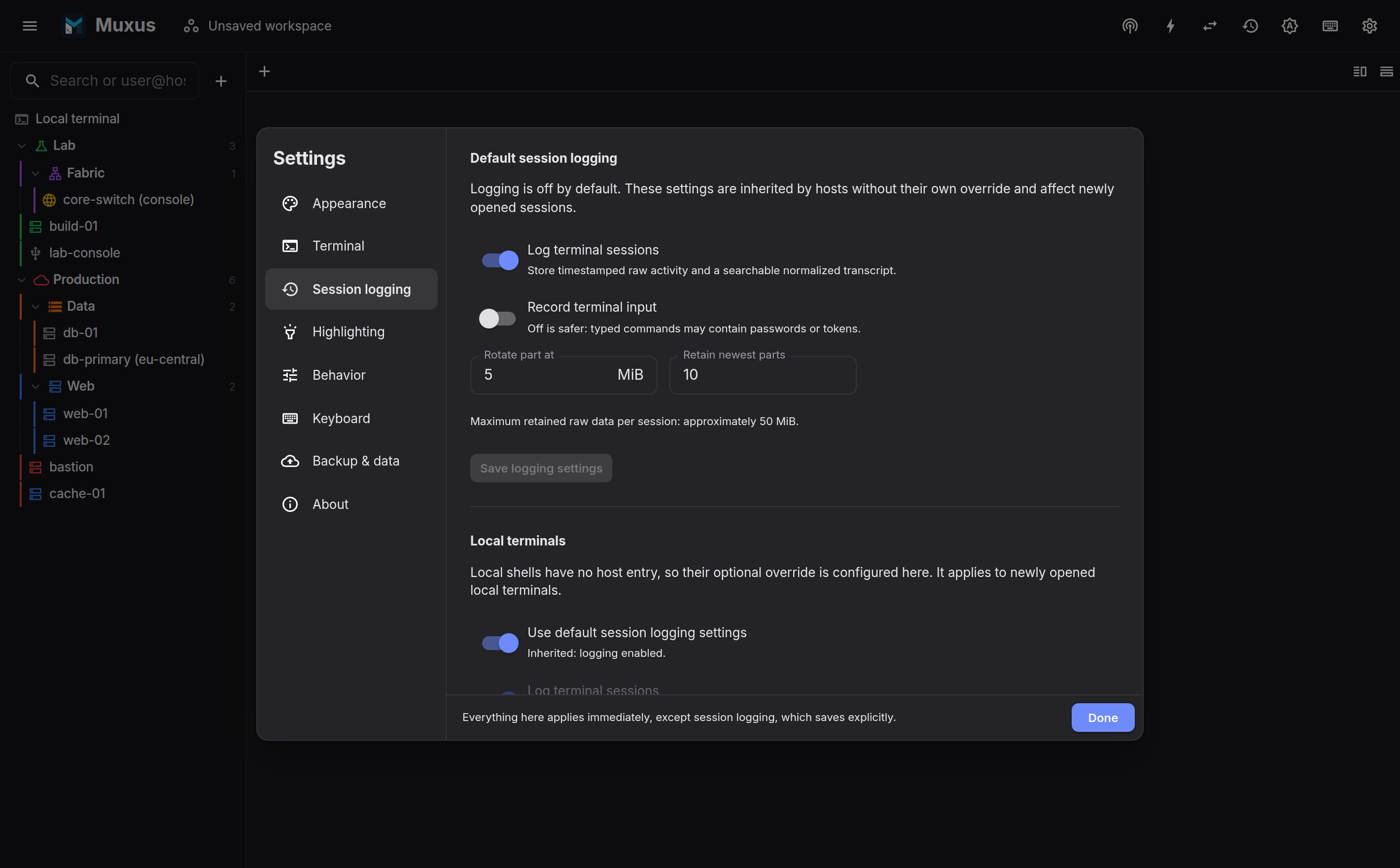 Session logging settings