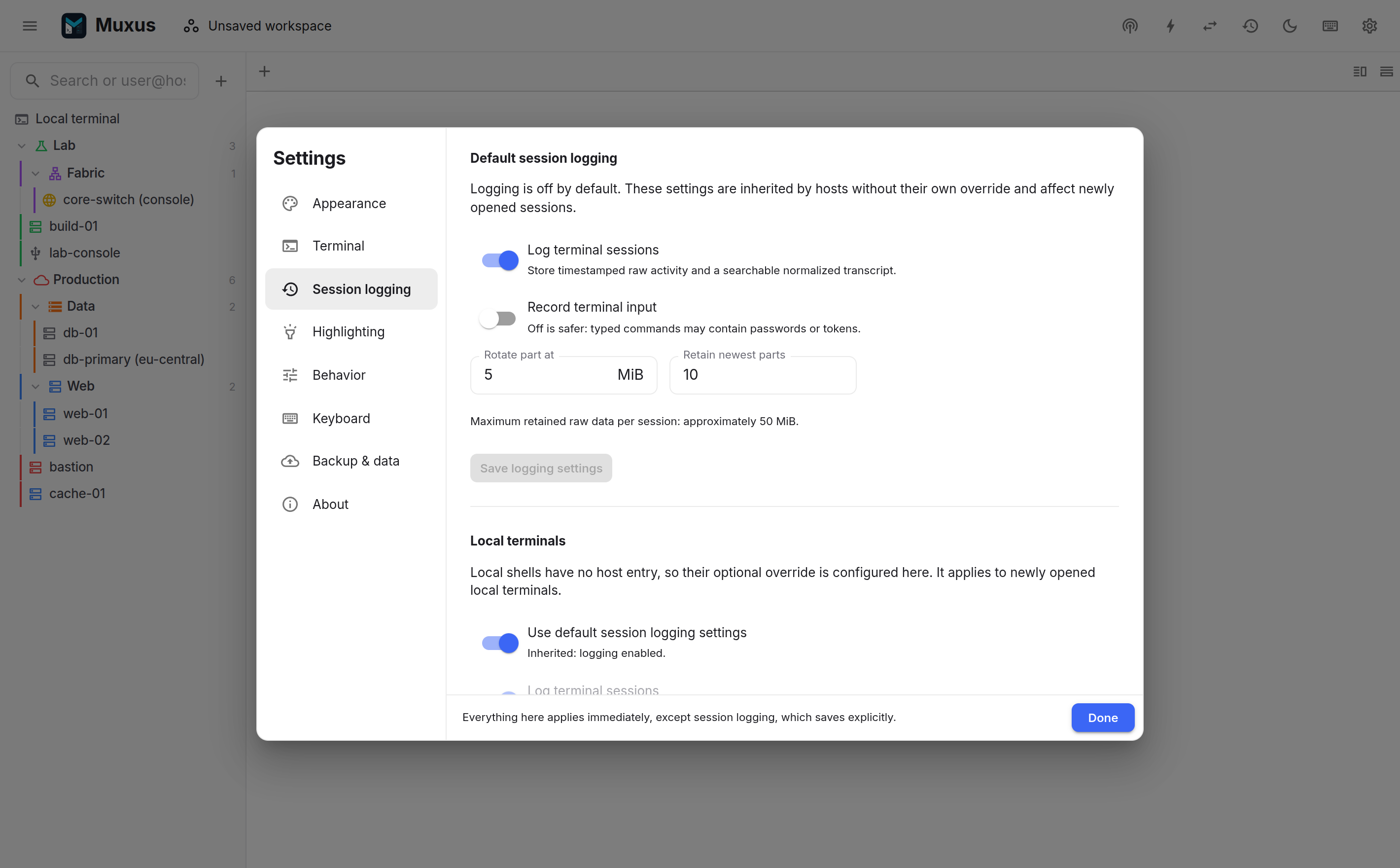 Session logging settings