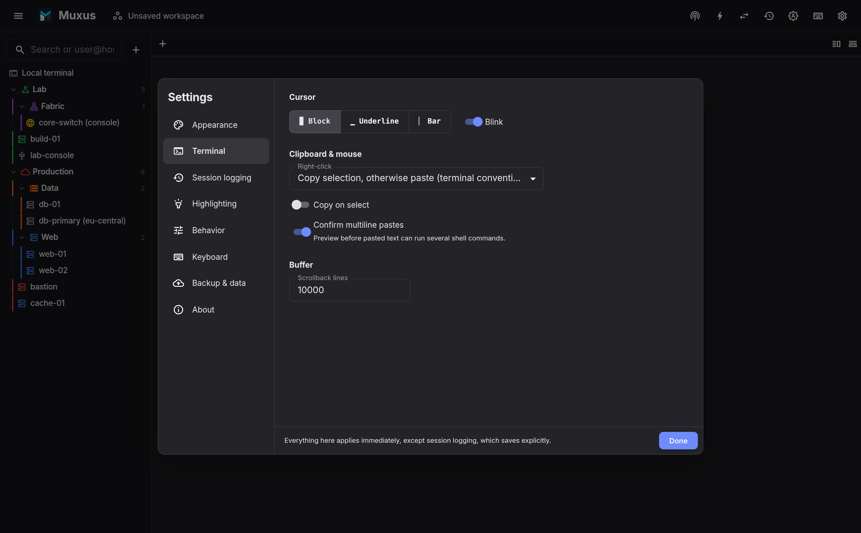 Terminal settings