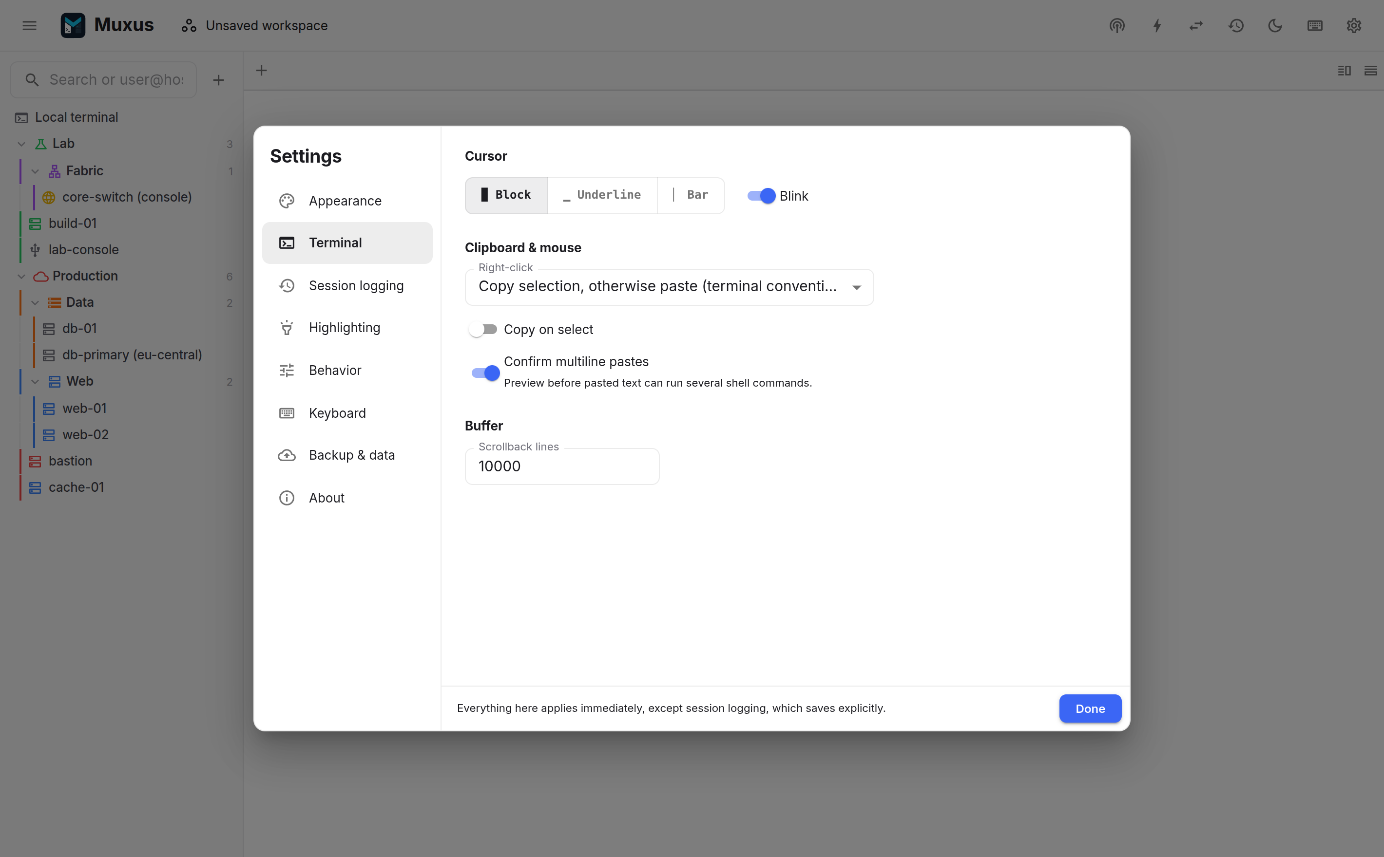 Terminal settings