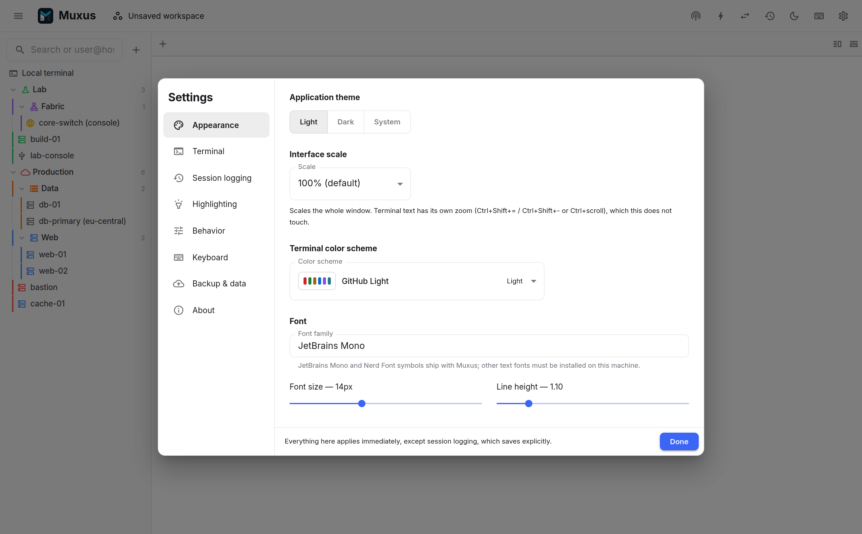 The settings dialog