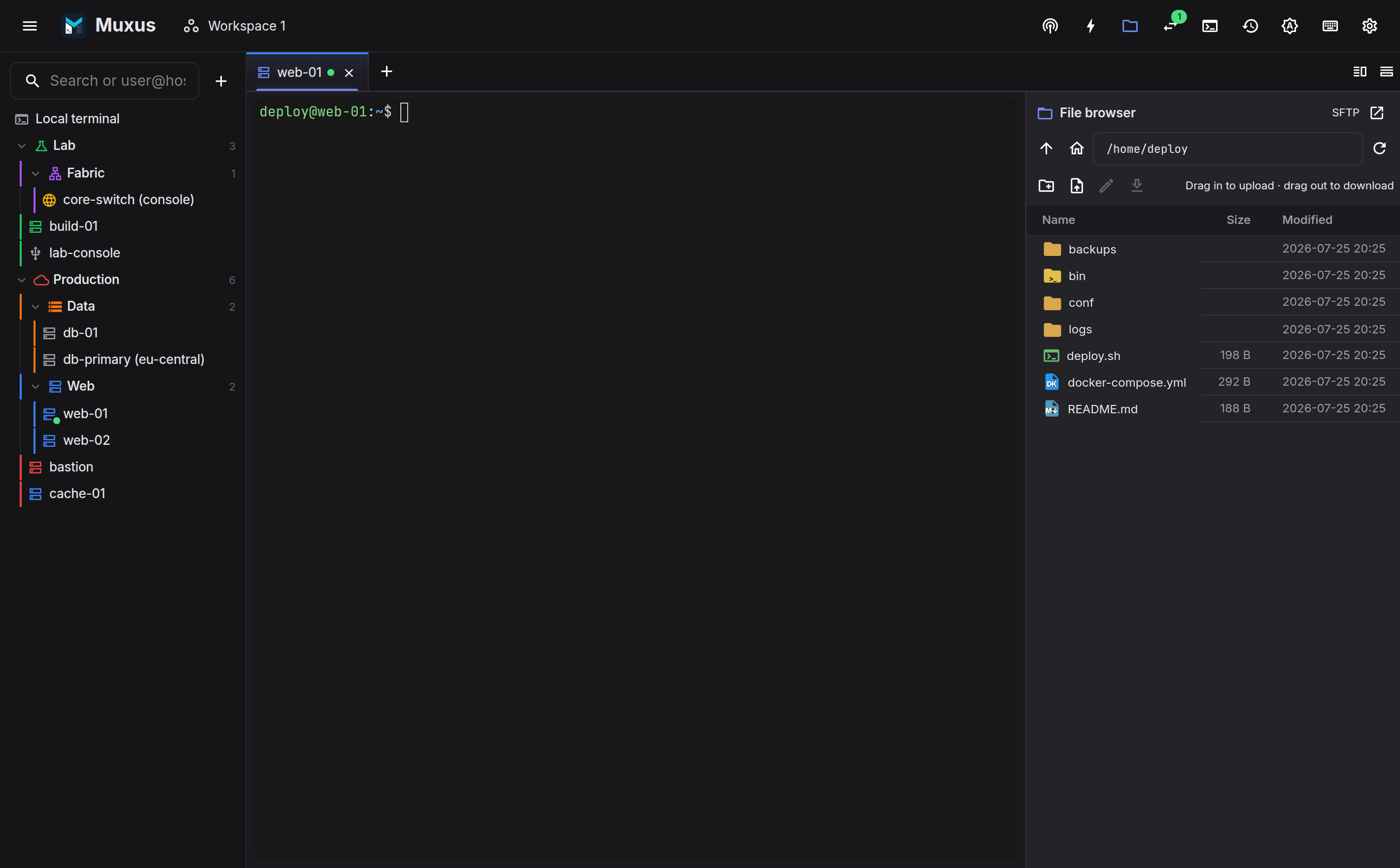 The SFTP file browser beside a terminal