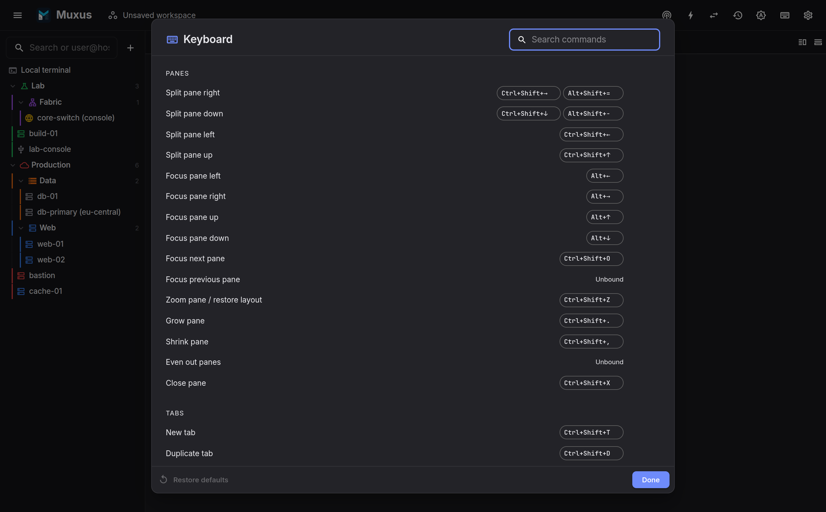 The keyboard shortcut sheet