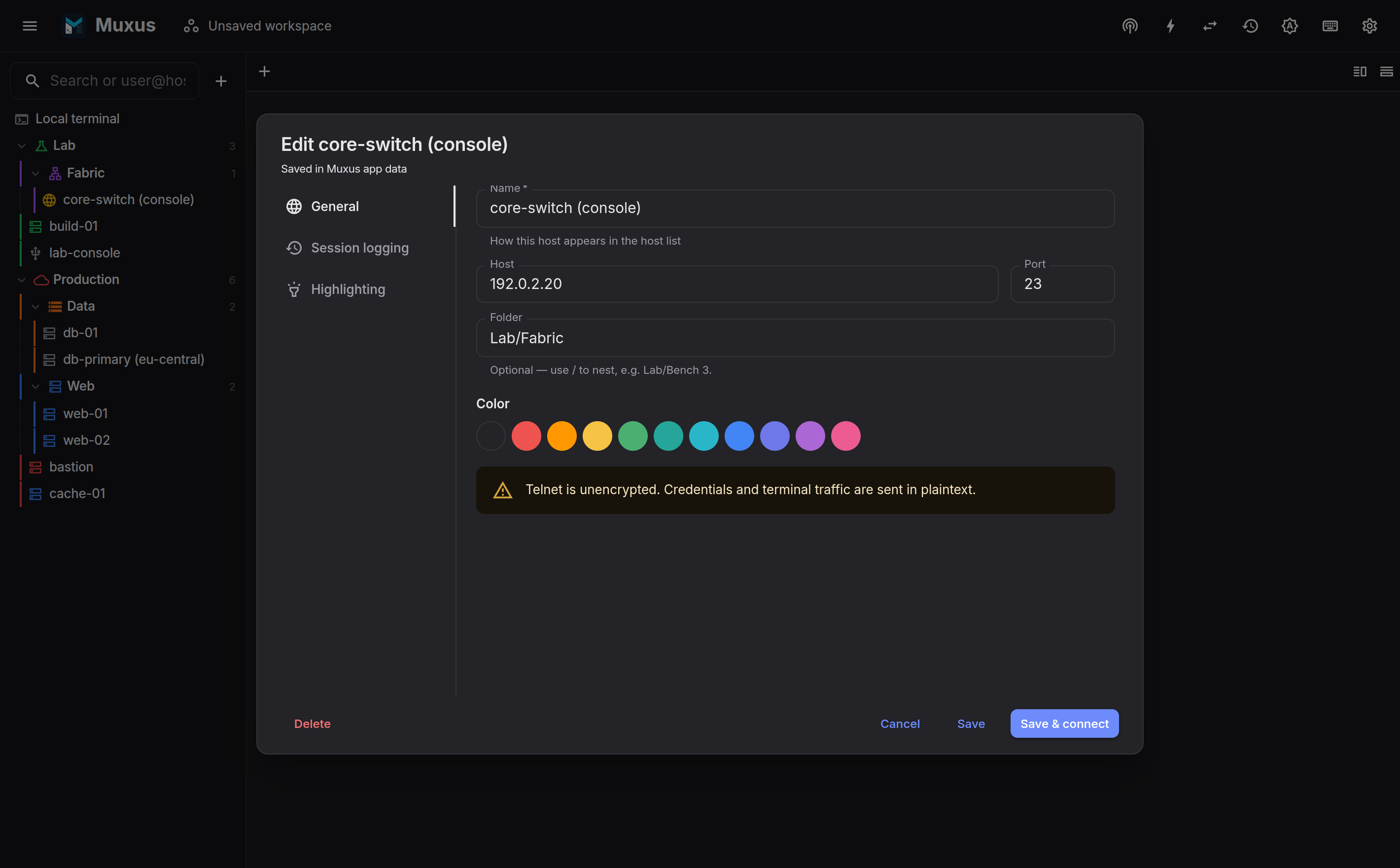The Telnet host editor