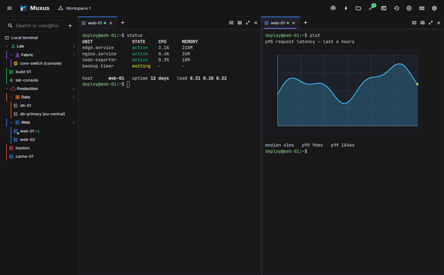 The Muxus window: saved hosts in the sidebar, two split panes over one SSH connection, a latency chart drawn in the terminal