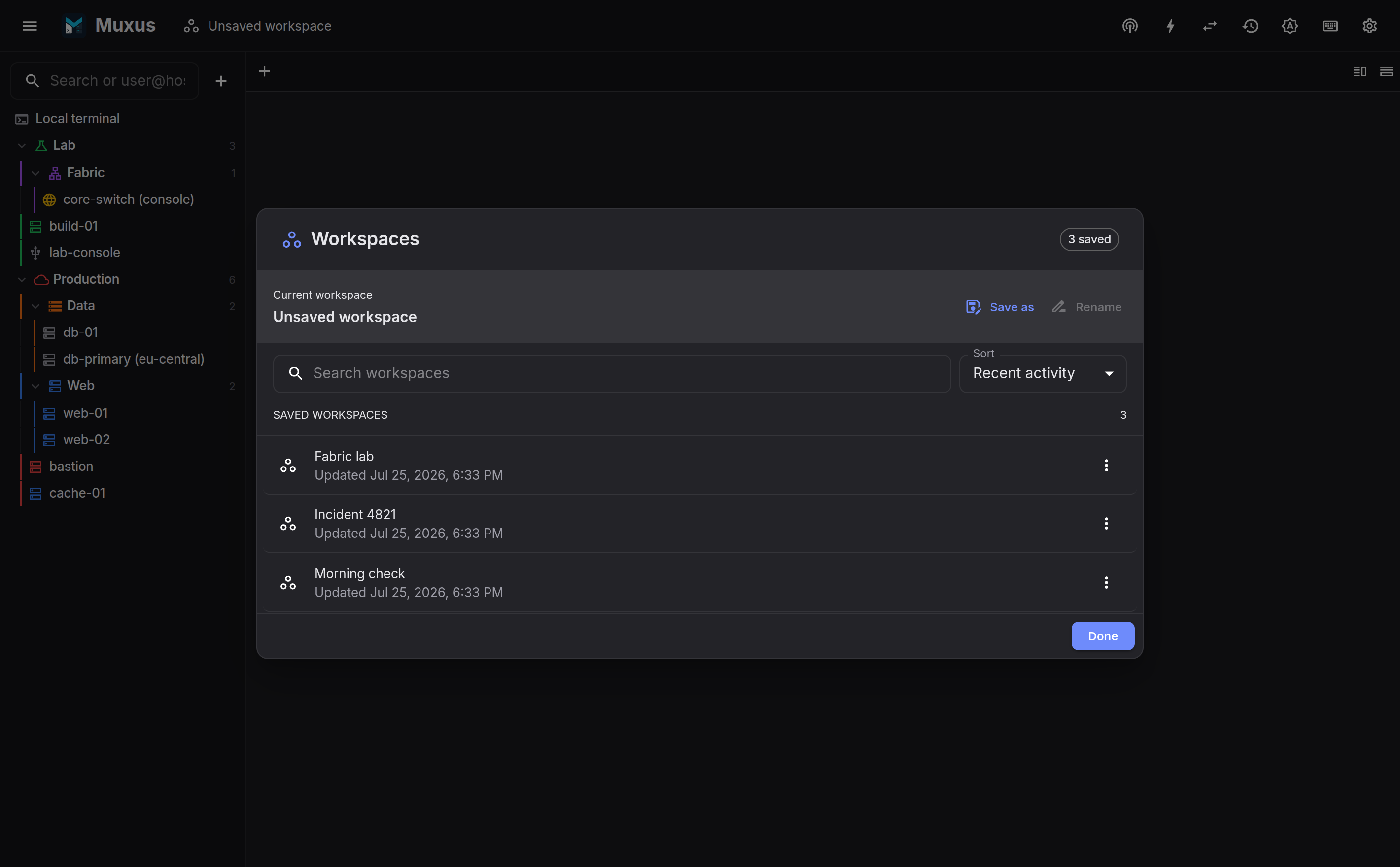 The workspace dialog