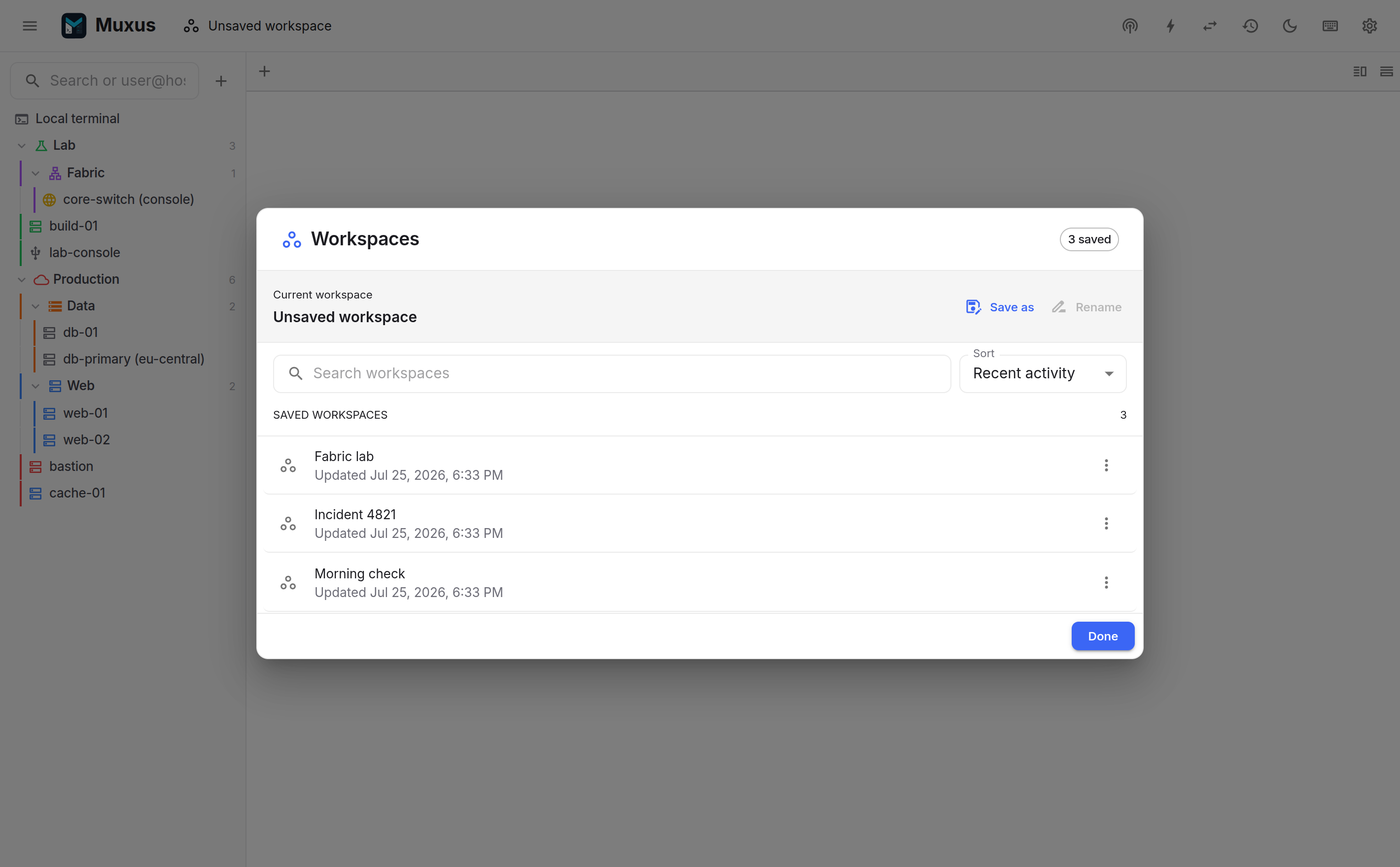The workspace dialog